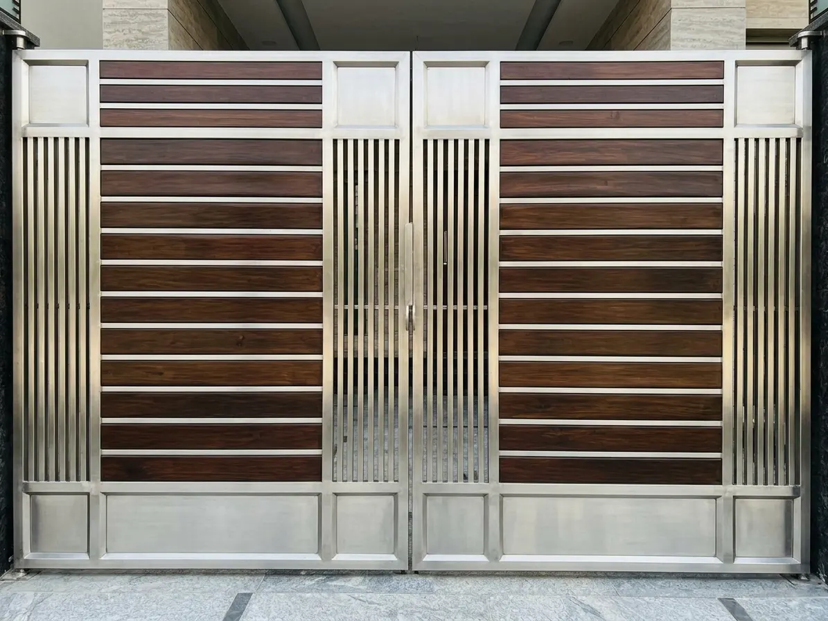 Modern Stainless Steel & Wooden Finish Main Gate (SS Double Door Gate)
